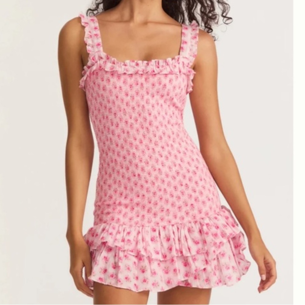 LoveShackFancy Blissful Pink Smocked Mini Ruffle Dress